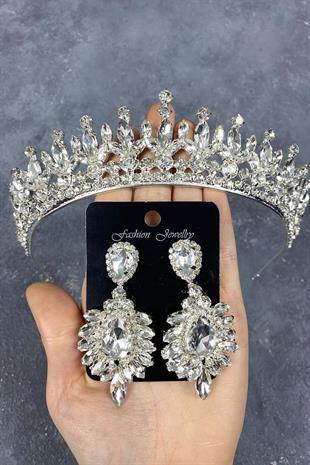 الجملة الفضة بيدرو ستون الزفاف تاج الحناء ومجموعة مساء اللباس القرط