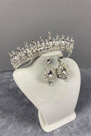 الجملة الفضة بيدرو ستون الزفاف تاج الحناء ومجموعة مساء اللباس القرط