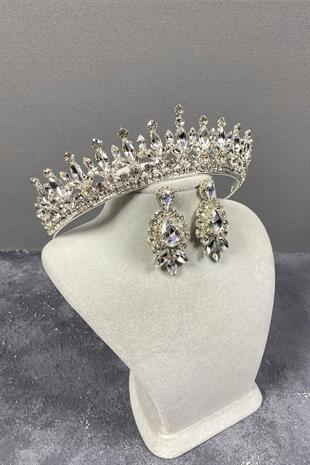 الجملة الفضة بيدرو ستون الزفاف تاج الحناء ومجموعة القرط