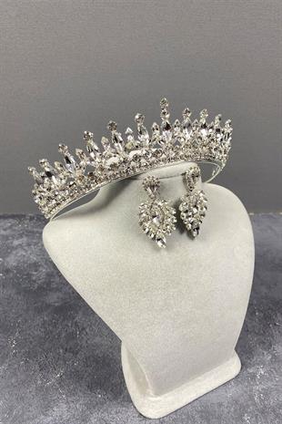 الجملة الفضة بيدرو ستون الزفاف تاج الحناء ومجموعة القرط المكوك