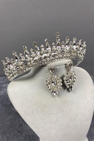 الجملة الفضة بيدرو ستون الزفاف تاج الحناء ومجموعة القرط المكوك