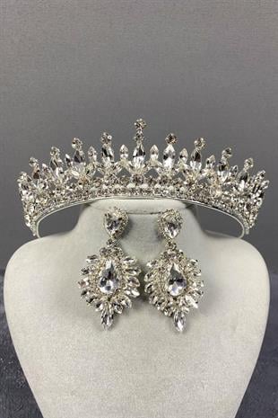 الجملة الفضة بيدرو ستون الزفاف تاج الحناء ومجموعة مساء اللباس القرط