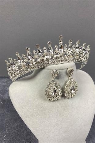 الجملة الفضة بيدرو ستون الزفاف تاج الحناء ومجموعة القرط