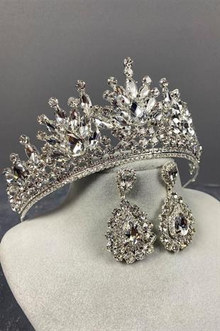 الجملة الفضة تاج الزفاف بيرا وإسقاط أقراط فستان السهرة