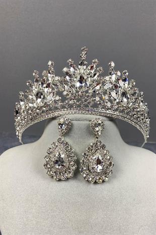 الجملة الفضة تاج الزفاف بيرا وإسقاط أقراط فستان السهرة