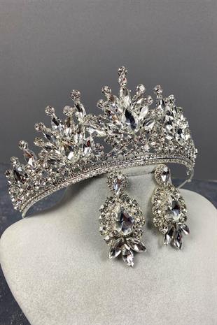 الجملة تاج الزفاف الفضة بيرا والأقراط حجر المكوك