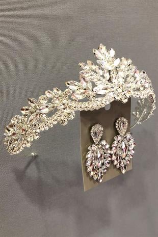 الجملة اللون الفضي كريستال حجر الحناء، تاج الزفاف ومجموعة القرط