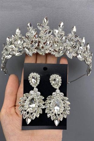 الجملة فضية اللون سوبرا تاج الزفاف والأقراط