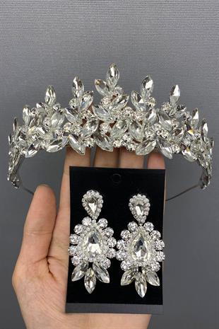 الجملة فضية اللون سوبرا تاج الزفاف والأقراط