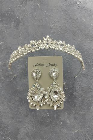 Wholesale Dream Model Bridal Crown and Drop Shuttle Stone Earrings