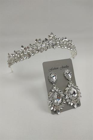 Wholesale Dream Model Bridal Crown and Drop Shuttle Stone Earrings