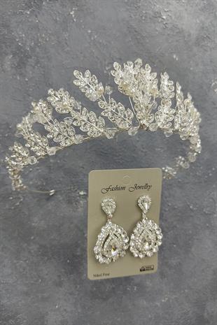 Wholesale Pearl Leaf Model Bridal Crown and Shuttle Stone Earrings