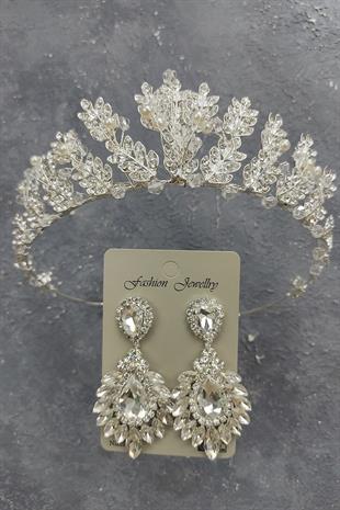 Wholesale Leaf Model Bridal Crown with Pearls and Drop Shuttle Stone Earrings