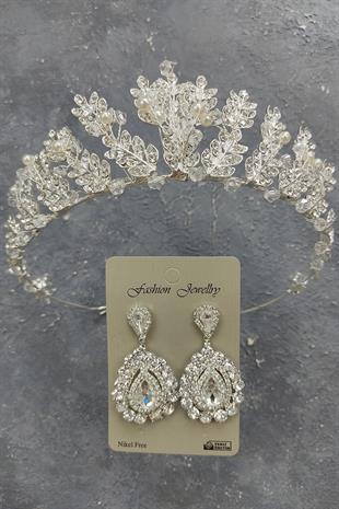 Wholesale Pearl Leaf Model Bridal Crown and Shuttle Stone Earrings