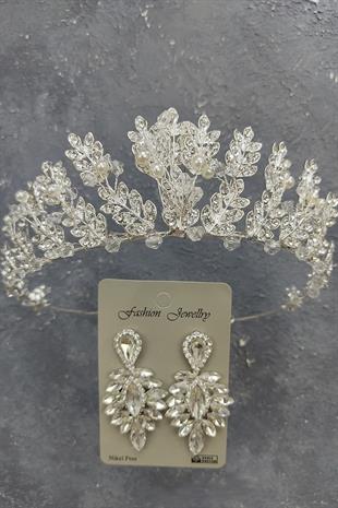 Wholesale Leaf Model Bridal Crown with Pearls and Drop Stone Earrings