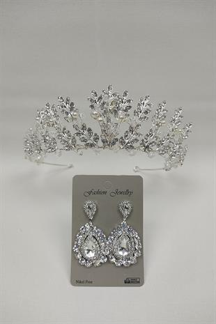 Wholesale Pearl Leaf Model Bridal Crown and Shuttle Stone Earrings
