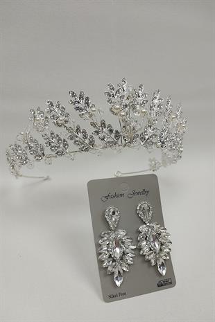 Wholesale Leaf Model Bridal Crown with Pearls and Drop Stone Earrings
