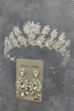 Wholesale Pearled Leaf Model Bridal Crown and Shuttle Drop Stone Earrings