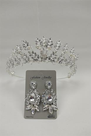 Wholesale Pearled Leaf Model Bridal Crown and Shuttle Drop Stone Earrings