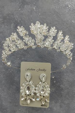 Wholesale Pearled Leaf Model Bridal Crown and Shuttle Drop Stone Earrings