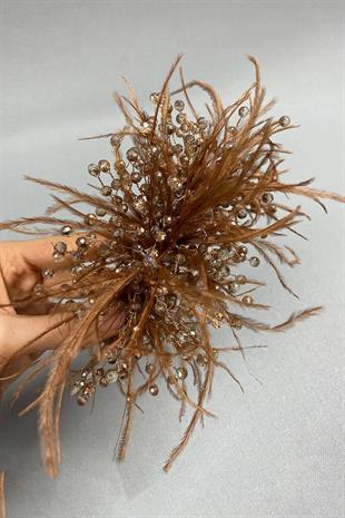 الجملة لون القهوة الكريستال مطرز والريش مقطع الشعر