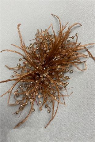 الجملة لون القهوة الكريستال مطرز والريش مقطع الشعر