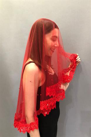 الجملة حجر مطرز أحمر الحجاب الزفاف الوجه