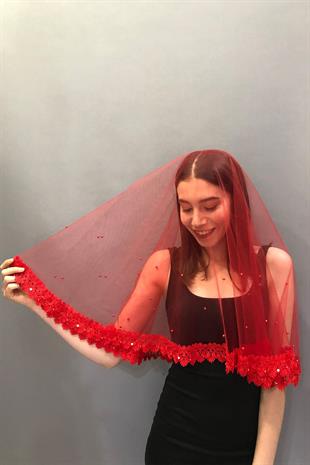 الجملة حجر مطرز أحمر الحجاب الزفاف الوجه