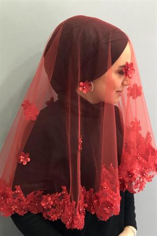 الجملة زهرة حمراء مطرزة الحجاب الزفاف الحناء الحجاب الوجه