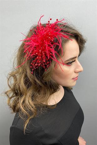 الجملة الأحمر كريستال مطرز والريش مقطع الشعر