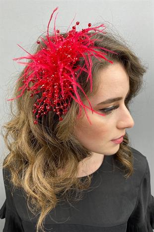 الجملة الأحمر كريستال مطرز والريش مقطع الشعر