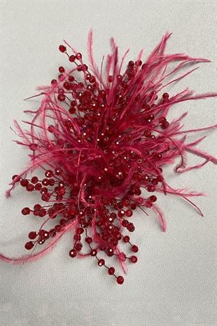 الجملة الأحمر كريستال مطرز والريش مقطع الشعر