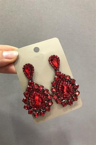 Toptan Kırmızı Kristal Cam Taşlı Koyu Gri Küpe