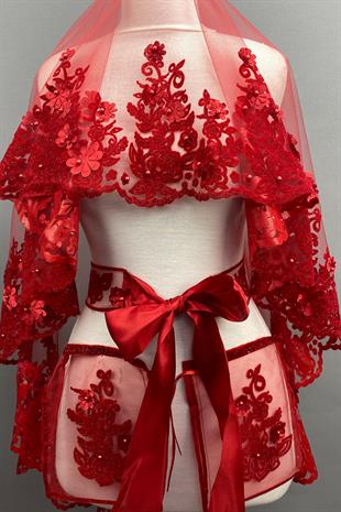 الجملة الأحمر لينا 3D الأزهار الحناء الحجاب غطاء الوجه