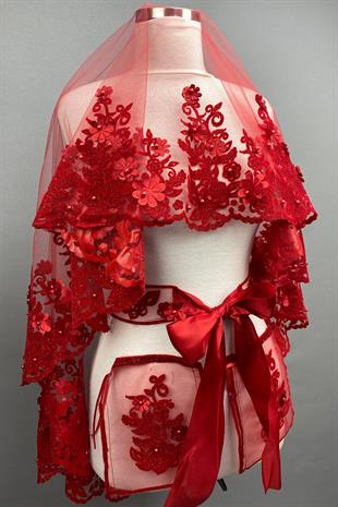 الجملة الأحمر لينا 3D الأزهار الحناء الحجاب غطاء الوجه