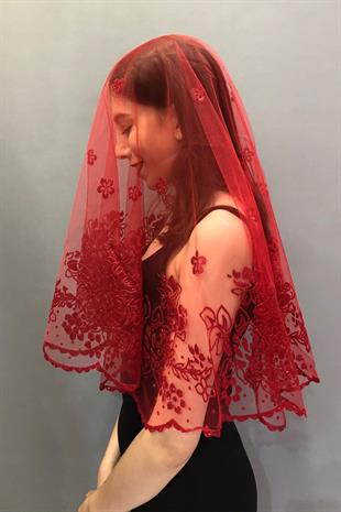 الجملة بريق أحمر منقوشة الحجاب الزفاف الوجه