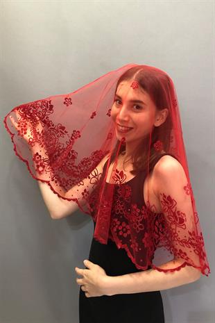 الجملة بريق أحمر منقوشة الحجاب الزفاف الوجه