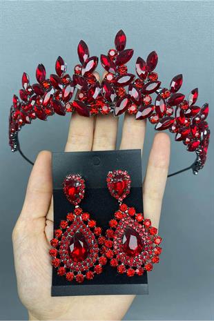 الجملة الأحمر سوبرا نموذج الزفاف تاج الحناء والأقراط