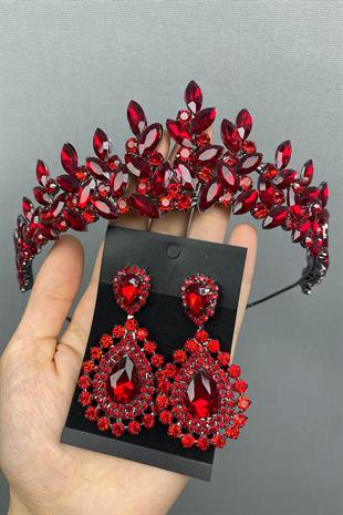 الجملة الأحمر سوبرا نموذج الزفاف تاج الحناء والأقراط