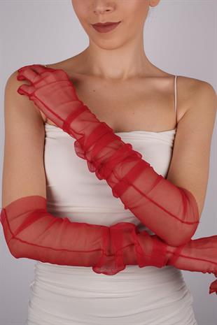 Kırmızı Uzun Şık Gelin Eldiveni Tül Eldiven Nikah/Düğün/Parti/Kostüm Eldiveni