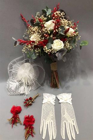 الجملة الأحمر والأبيض مجموعة باقة الزفاف زهرة المجففة