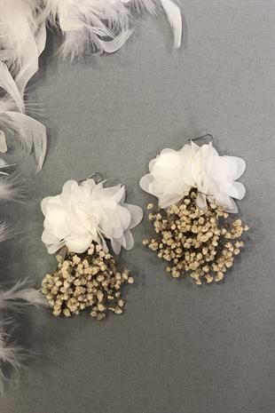 Toptan Krem Beyaz Renk Kuru Çiçekli Küpe