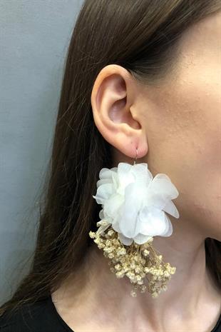 Toptan Krem Beyaz Renk Kuru Çiçekli Küpe