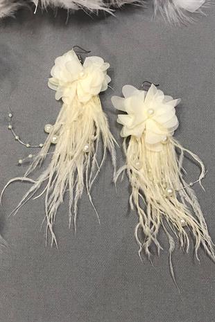 Toptan Krem İncili Çiçekli Tüylü Küpe