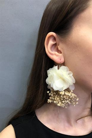 Toptan Krem Renk Kuru Çiçekli Küpe