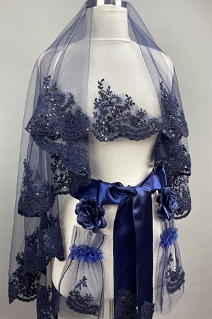 الجملة الأزرق الداكن الترتر الأزرق الداكن الحجاب الزفاف الحناء الحجاب الوجه