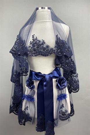 الجملة الأزرق الداكن الترتر الأزرق الداكن الحجاب الزفاف الحناء الحجاب الوجه