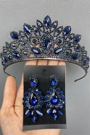 الجملة الأزرق الداكن الزفاف تاج الحناء والأقراط