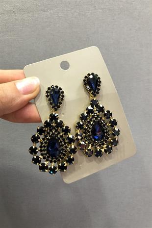 Toptan Lacivert Kristal Cam Taşlı Altın Sarısı Küpe