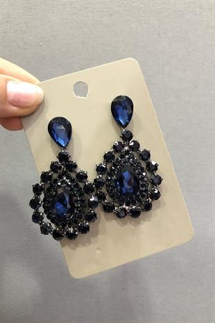 Toptan Lacivert Kristal Cam Taşlı Siyah Küpe